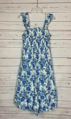 Haute Hippie Women's Size 6 White Blue Floral Sleeveless Smocked Long Maxi Dress